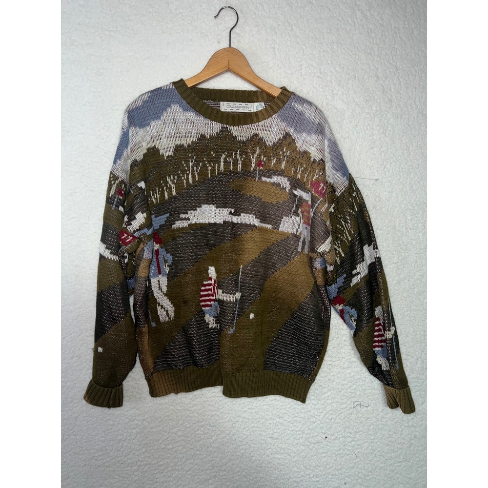 Crossings Mens Golf Scene Knit Sweater XL Olive Green Cotton Vintage Novelty